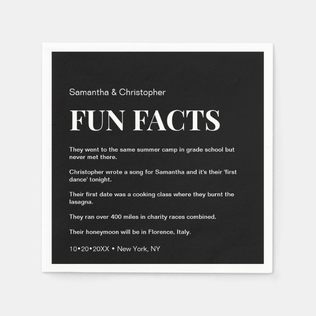 Mod Black and white custom fun fact list Wedding Napkins (Front)