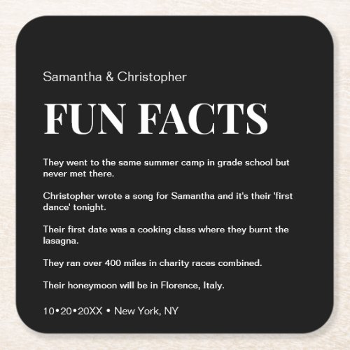 Mod Black and white custom fun fact list Wedding  Square Paper Coaster