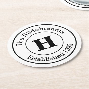 Mod Black And White Custom Monogram Family Round Paper Coaster by PartyHearty at Zazzle
