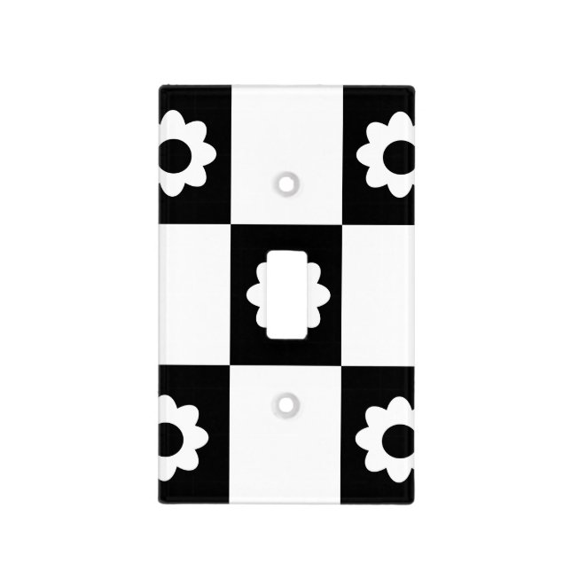 Mod Black and White Flower Checkerboard Pattern Light Switch Cover (Front)