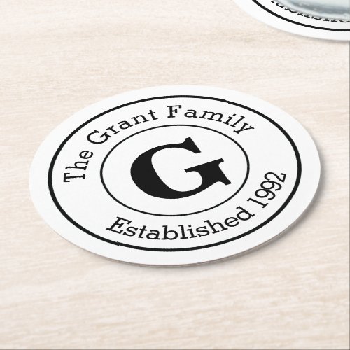 Mod Black and White Personalized Monogram Family Round Paper Coaster