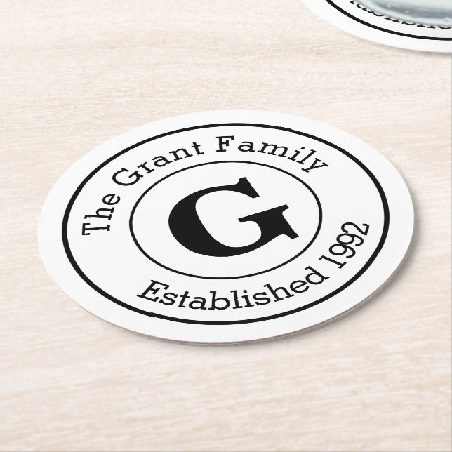Mod Black and White Personalized Monogram Family Round Paper Coaster (Angled)