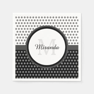 Mod Black and White Polka Dots Monogram With Name Napkins