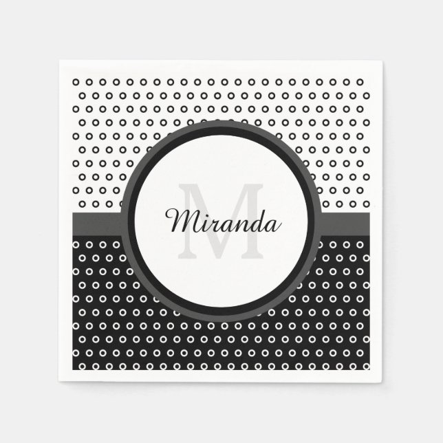 Mod Black and White Polka Dots Monogram With Name Napkins (Front)