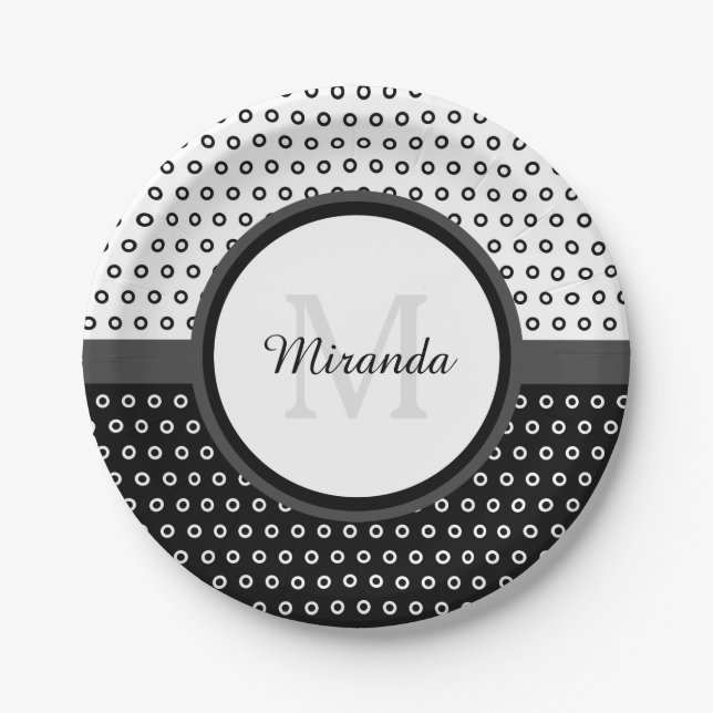 Mod Black and White Polka Dots Monogram With Name Paper Plates (Front)