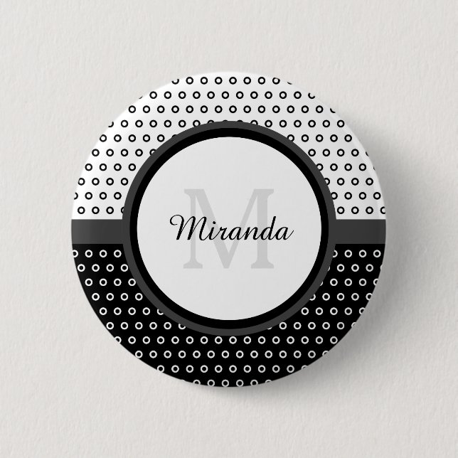 Mod Black and White Polka Dots Monogram With Name Pinback Button (Front)