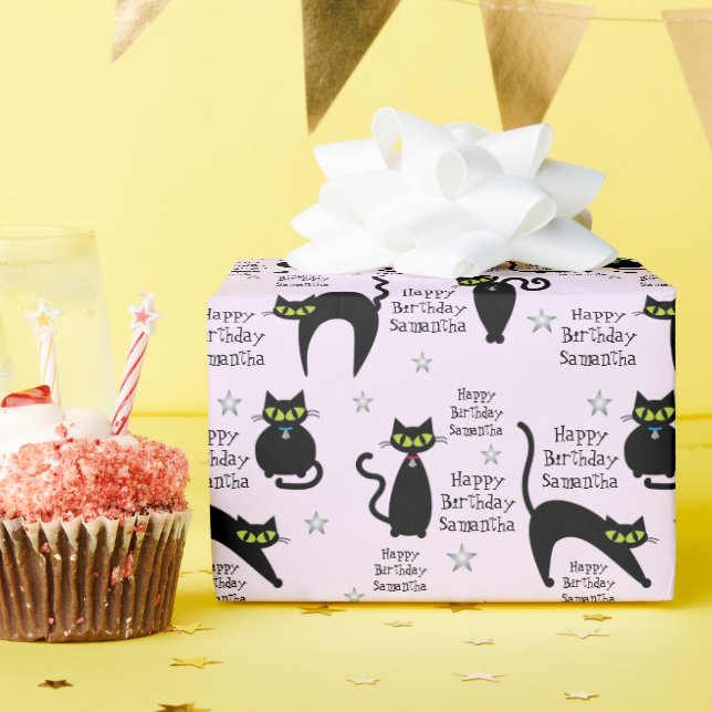 Mod Black Cat Personalized Wrapping Paper (Birthday Party)