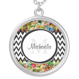 Mod Black Chevron Vintage Floral Monogram and Name Silver Plated Necklace