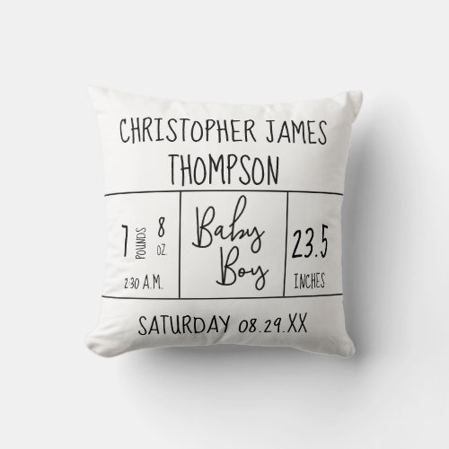 Mod Black White Baby Boy Birth Stat Throw Pillow