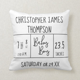 Mod Black White Baby Boy Birth Stat Throw Pillow