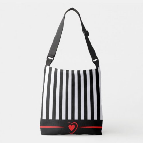 Mod Black  White Stripes with Bright Red Heart Crossbody Bag