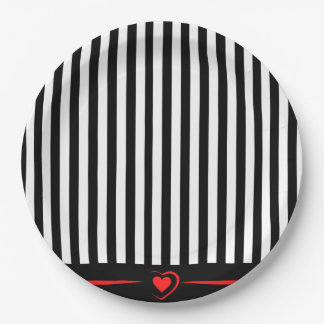 Mod Black & White Stripes with Bright Red Heart Paper Plates