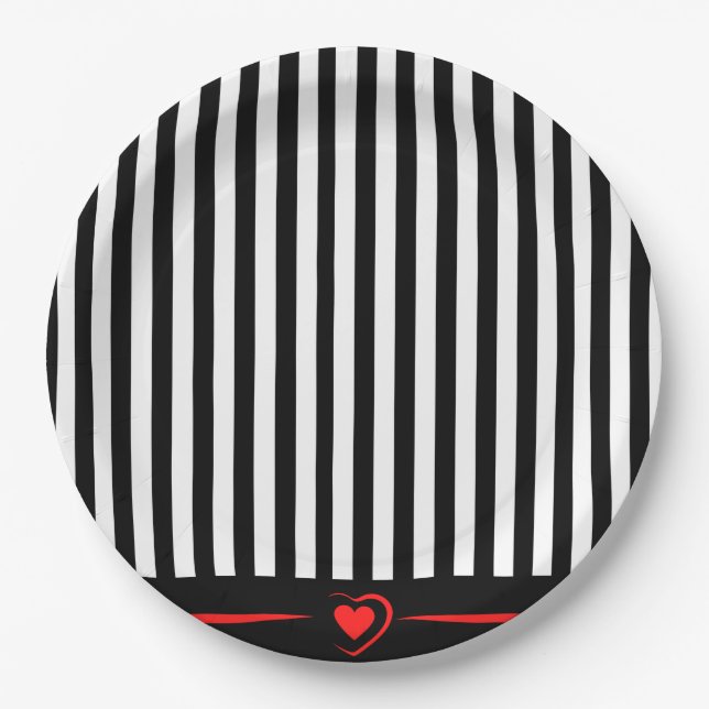 Mod Black & White Stripes with Bright Red Heart Paper Plates (Front)