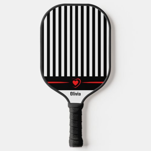 Mod Black  White Stripes with Bright Red Heart Pickleball Paddle