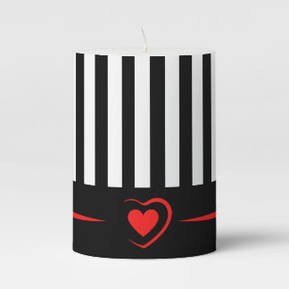 Mod Black & White Stripes with Bright Red Heart Pillar Candle