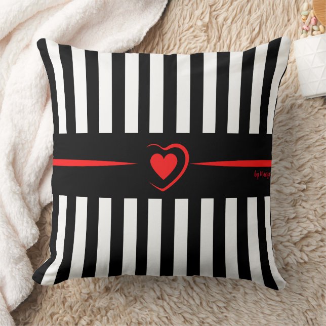 Mod Black & White Stripes with Bright Red Heart Throw Pillow (Blanket)