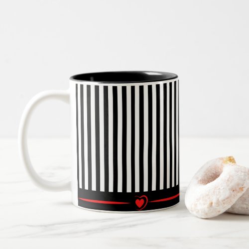 Mod Black  White Stripes with Bright Red Heart Two_Tone Coffee Mug