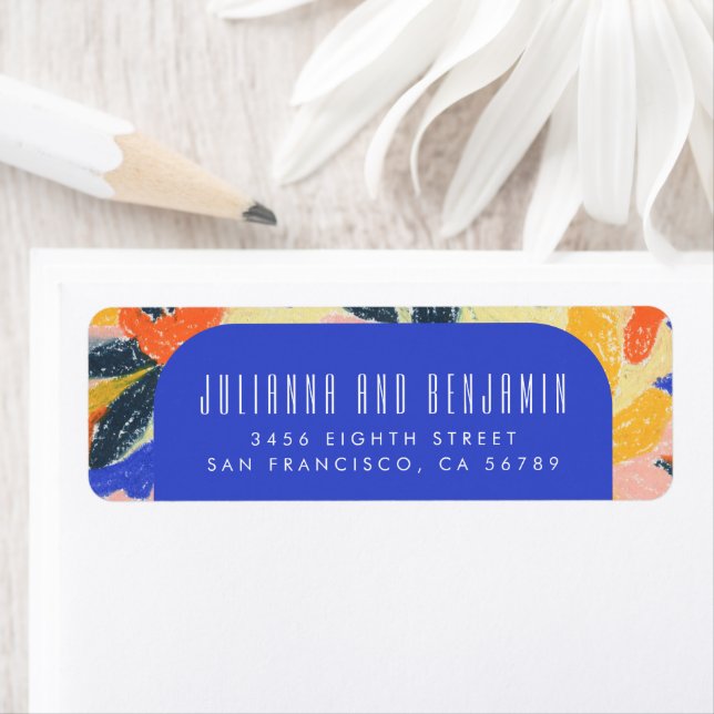 Mod Blue Artsy Abstract Botanical Return Address Label (Insitu)