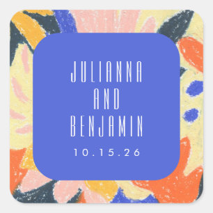 Mod Blue Artsy Abstract Botanical Wedding Custom Square Sticker