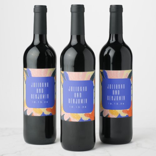 Mod Blue Artsy Abstract Botanical Wedding Custom  Wine Label