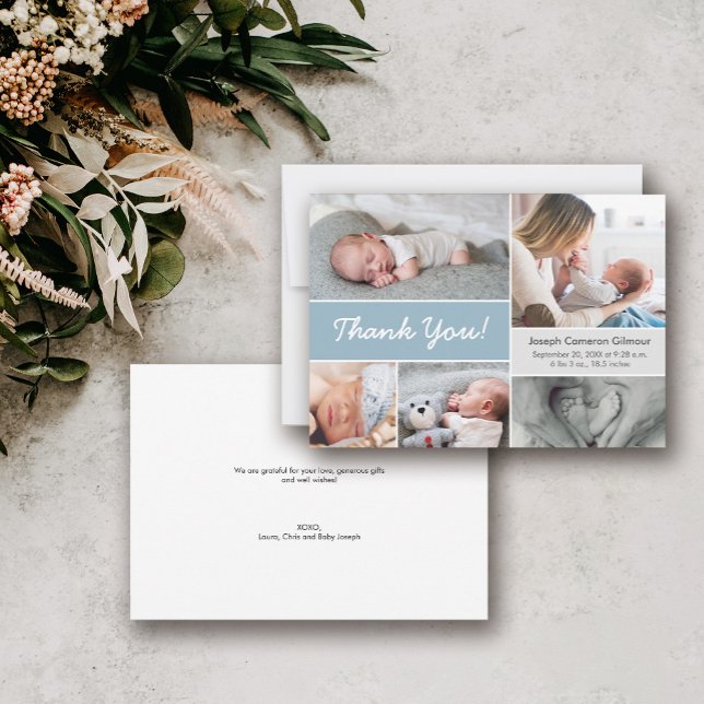Mod blue Custom Photo Collage Baby Boy Birth  Thank You Card (Baby shower blue thank you photo collage card. Personal message, birth stat and baby name.)
