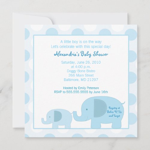 Mod Blue Elephants Square Baby Shower invitation