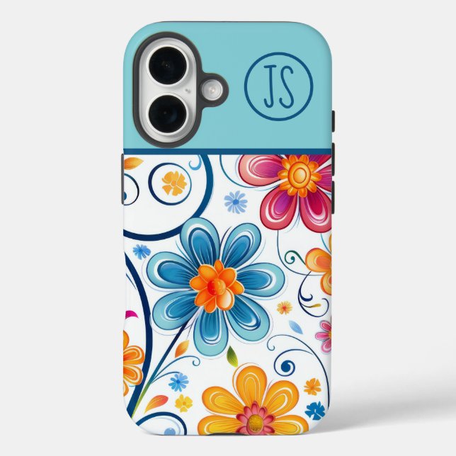 Mod Blue, Pink, Yellow Flowers Monogrammed Case-Mate iPhone Case (Back)