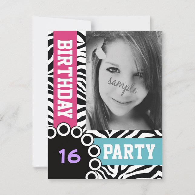 Mod Bright Zebra Print Birthday Party with Photo Invitation (Front)