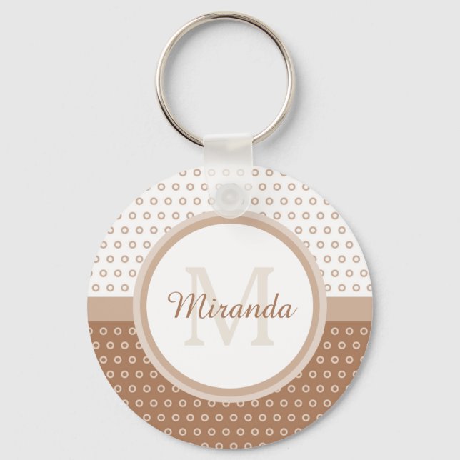 Mod Brown and White Polka Dots Monogram With Name Keychain (Front)