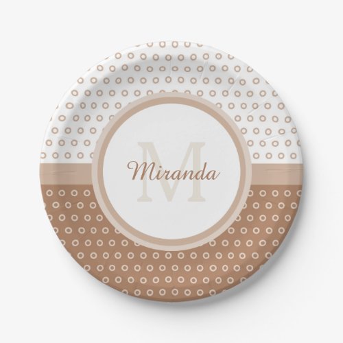 Mod Brown and White Polka Dots Monogram With Name Paper Plates