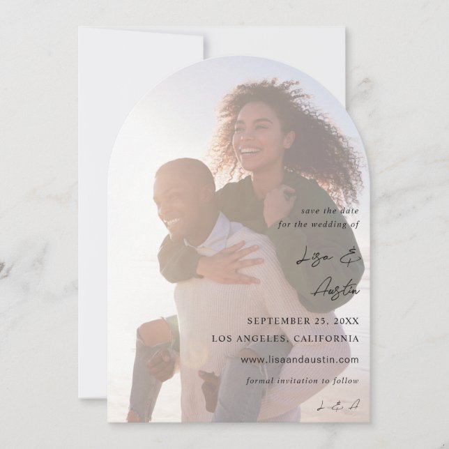 MOD Calligraphy w Duo Photo Save the Date Arc Invitation (Front)
