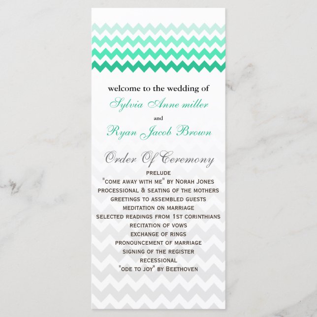 Mod chevron mint green Ombre Wedding program (Front)