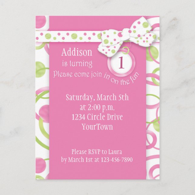 Mod Circles Girl's 1st Birthday Postcard Invitatio (Front)