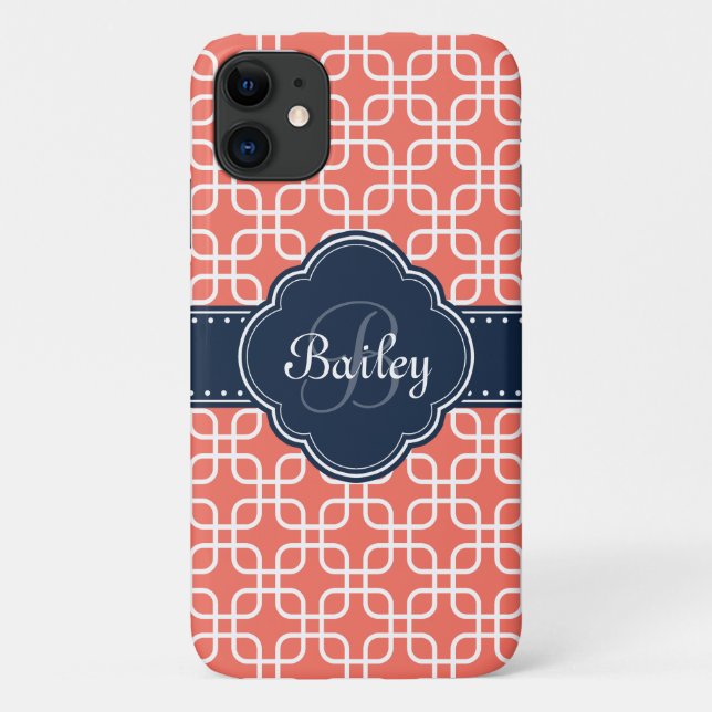 Mod Coral Pattern Navy Quatrefoil Monogram Case-Mate iPhone Case (Back)