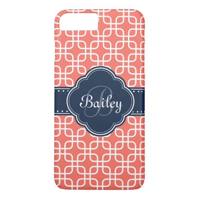 Mod Coral Pattern Navy Quatrefoil Monogram Case-Mate iPhone Case (Back)