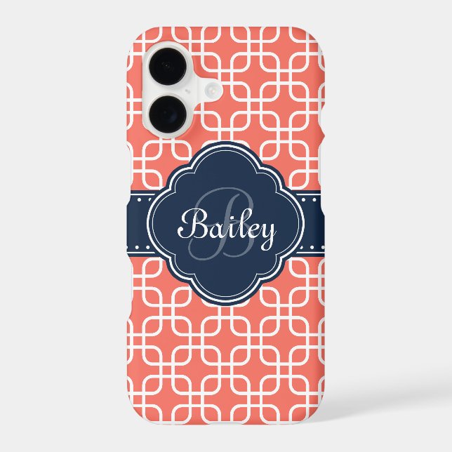 Mod Coral Pattern Navy Quatrefoil Monogram Iphone Case (Back)