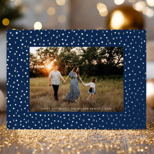 Mod Delicate Geometric Frame One Photo Navy Silver Foil Holiday Card