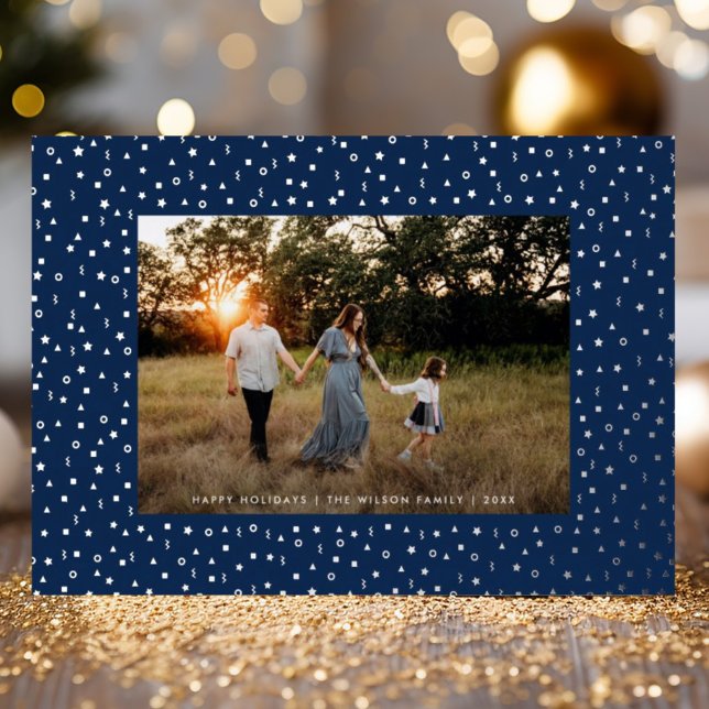 Mod Delicate Geometric Frame One Photo Navy Silver Foil Holiday Card (Creator Uploaded)
