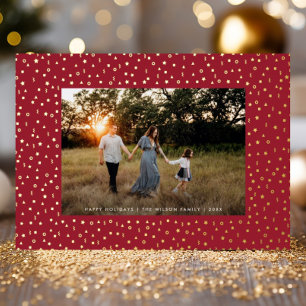 Mod Delicate Geometric Frame One Photo Red + Gold Foil Holiday Card