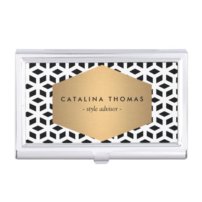 Mod Diamond Pattern with Faux Gold Logo Badge Business Card Case (Front)