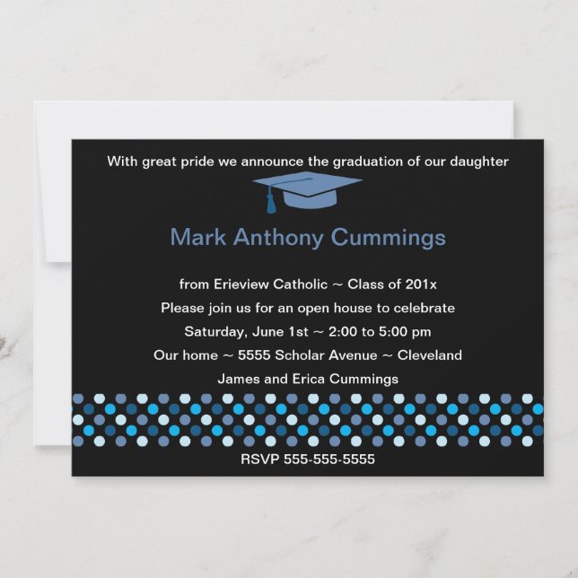 Mod Dots Graduation Cap Invitation (Blue) (Front)