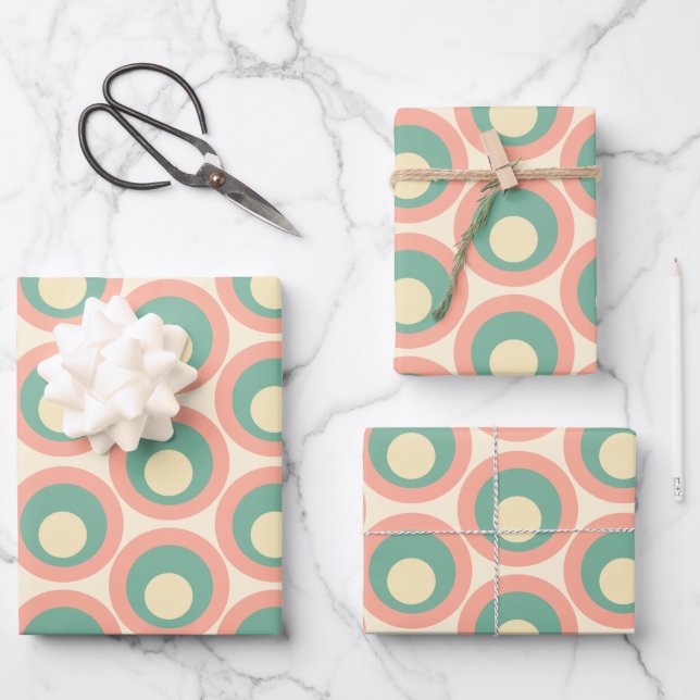 Mod Dots Retro Teal and Blush Pink Pattern Wrapping Paper Sheets (Front)