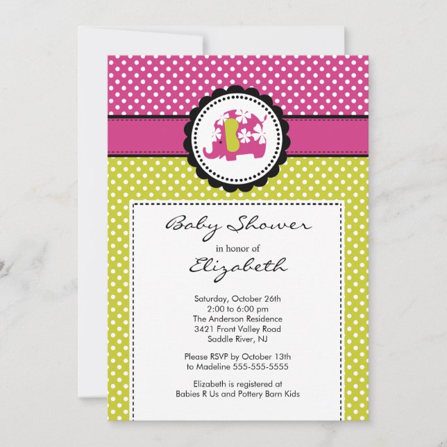Mod Elephant Baby Shower Invitation Pink Polka Dot (Front)
