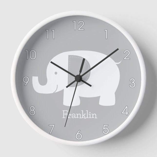 Mod Elephant Gray and White Minimalist Nursery  Clock (Front)