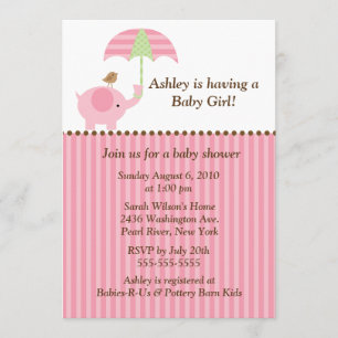 Mod Elephant Umbrella Baby Girl Shower Invitation