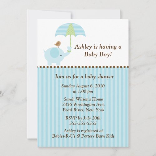 Mod Elephant Umbrella Boy Baby Shower Invite