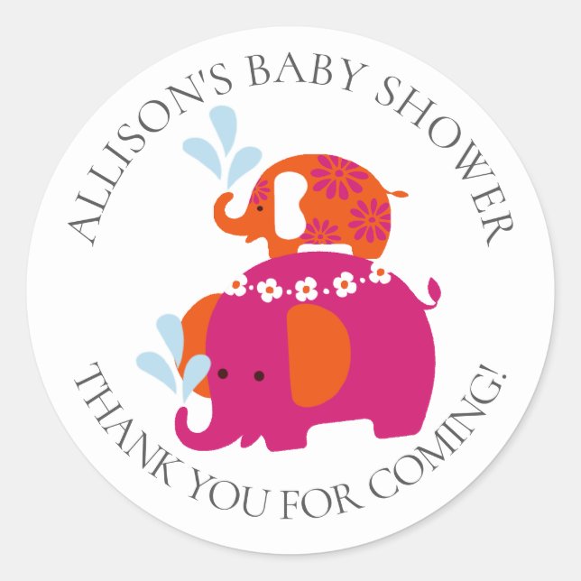 Mod Elephants Baby Shower Sticker (Front)