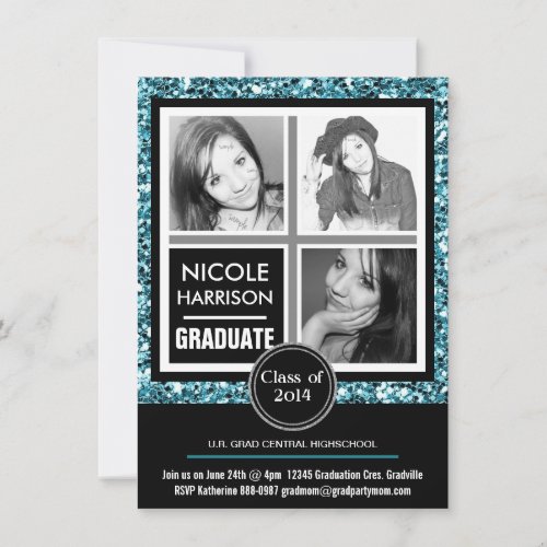Mod Faux Aqua Blue Glitter Girl 3 Photo Graduation Custom Announcement