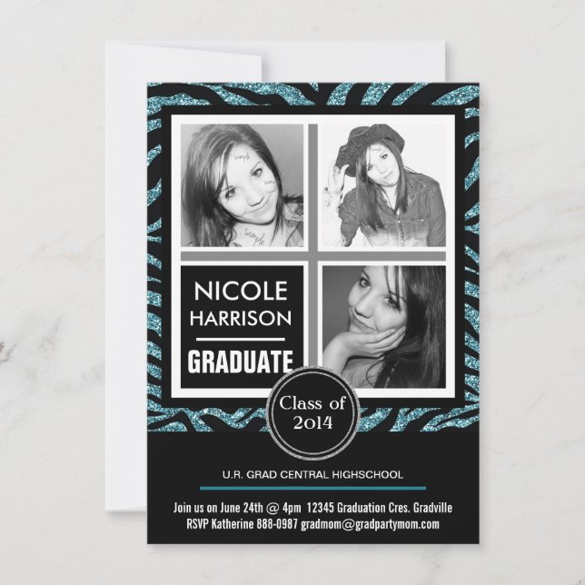 Mod Faux Glitter Zebra Girl 3 Photo Graduation Invitation (Front)