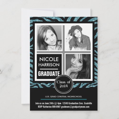 Mod Faux Glitter Zebra Girl 3 Photo Graduation Custom Invitation